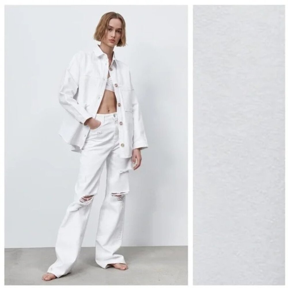 NWT Zara White Wide Leg Full Length Ripped Jeans SZ 8 Super High Rise Distressed - Picture 2 of 12